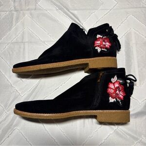 Kate Spade Black Ankle Boots with Red Floral Embroidery